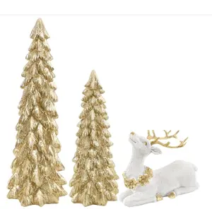 3 Pack Christmas Trees and Reindeer Figurines Decoration- 2 Glittered Christmas Tree Statues and 1 Deer Vintage Christmas Decor Set, Resin Ornaments Tabletop Shelf Office Display Stand Indoor(Gold)