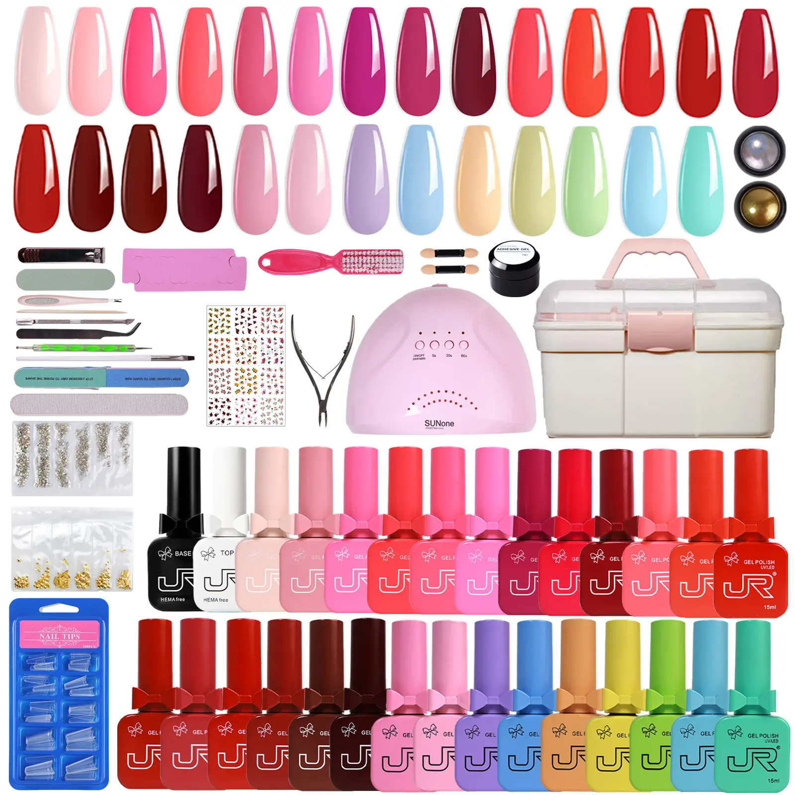 JR Gel Polish 50PCS Gel X Nail Kit with UV Lamp, HEMA-Free & TPO-Free Gel Polish Set, Brown Red Nude Colors, Base & Top Coat, Nail Charms, DIY Nail Starter Kit for Beginners
