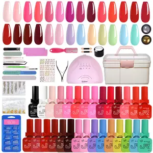 JR Gel Polish 50PCS Gel X Nail Kit with UV Lamp, HEMA-Free & TPO-Free Gel Polish Set, Brown Red Nude Colors, Base & Top Coat, Nail Charms, DIY Nail Starter Kit for Beginners