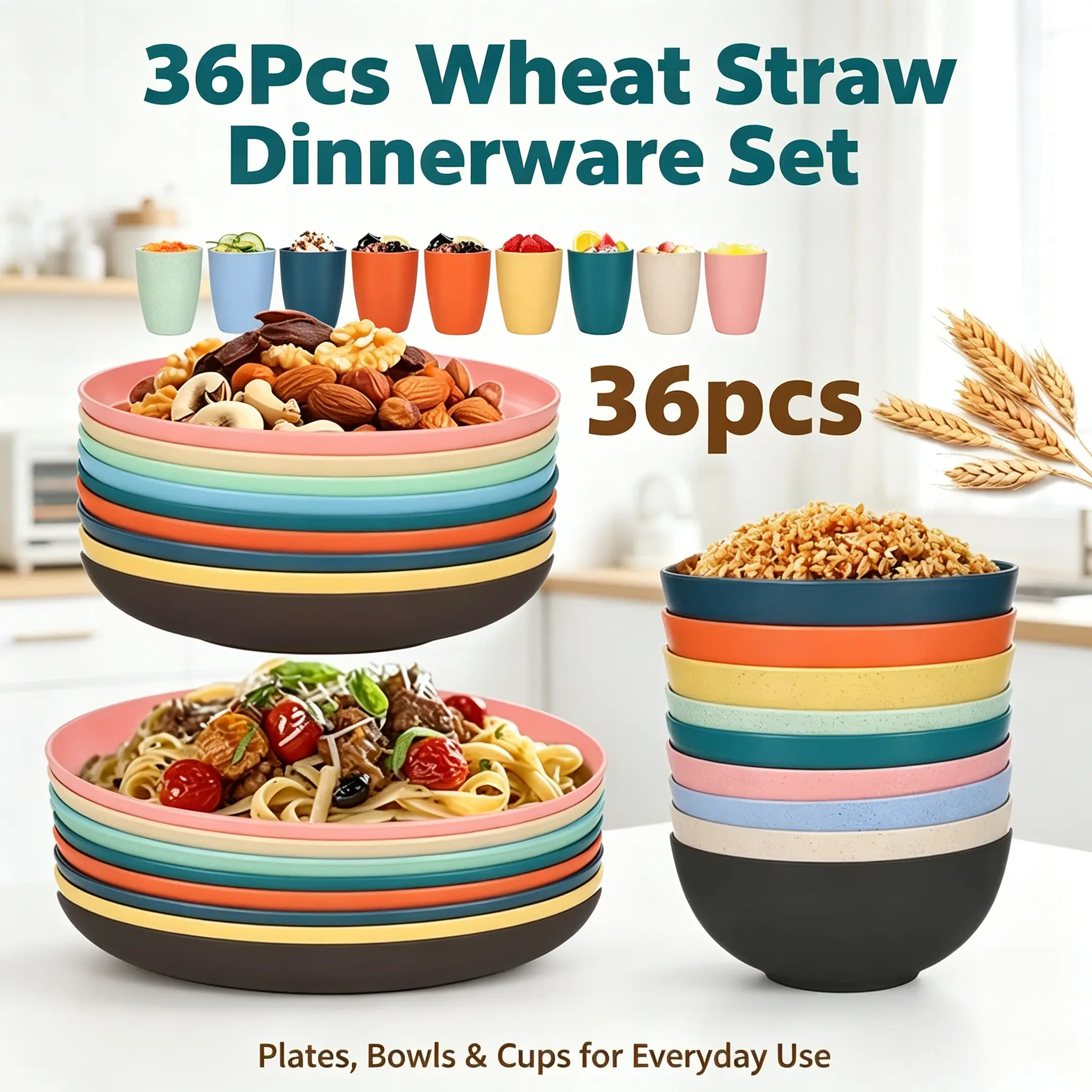 36Pcs Vibrant Wheat Straw Tableware Set - Unbreakable Plates, Bowls, Cups & Cutlery Combo, Reheatable, Dishwasher Safe, Eco-Friendly for Family Use, Camping, Cutlery Tableware
