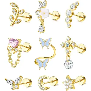 YADOCA 16G Cartilage Earrings Helix Earrings for Women Stainless Steel Helix Piercing Jewelry Leaf Butterfly CZ Studs Flat Back Cartilage Earrings Set 9Pcs