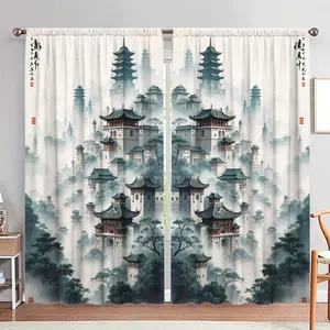 Japanese Style Print Door Curtain, 1 Set Chinese Style Door Curtain, Home Decor for Living Room Bedroom, Room Divider Curtain
