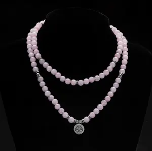 8mm Rose Quartz Crystal Mala Beaded Necklace | Trendy Long Wrap Bracelet Lucky Jewelry Lotus Charm Ideal For Daily Outfits & Thoughtful Gift For Lover