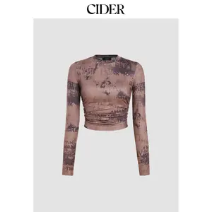 Cider [4 colors, size 2-26] Round Neck Tie Dye Ruched Long Sleeve Crop Top