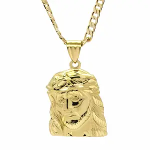 High-End Brass Gold Plated Jesus Portrait Religious Pendant Charm & 6mm 20" 24" Cuban Chain Necklace 14K Stamped on the Lock