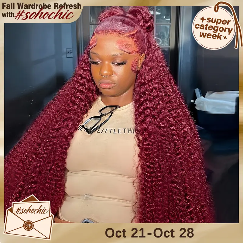 Tahikie 99J Burgundy Colored 200% Density Deep Wave 13x6 Full Frontal HD Lace Front Curly Wave FB30 Highlight /Natural Black Human Hair Wigs For Women TikTokShopBlackFriday#SummerWins#TikTokShopBackToSchool#SohoChic #tiktokshopstockup
