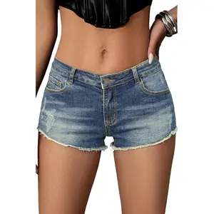 ELLEVEN Low Rise Raw Hem Mini Jean Shorts for Women, High Stretch Y2K Summer Micro Denim Shorts with Pockets