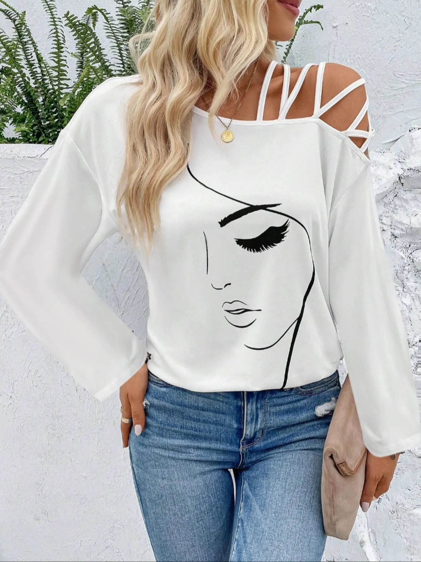 Women's Asymmetrical Cross Neck Long Sleeve Fitted T-Shirt, Casual Everyday Elegant Face Print Top, Casual Tee Tops, Spring & Fall Commuter Wear, Large Size Womenswear