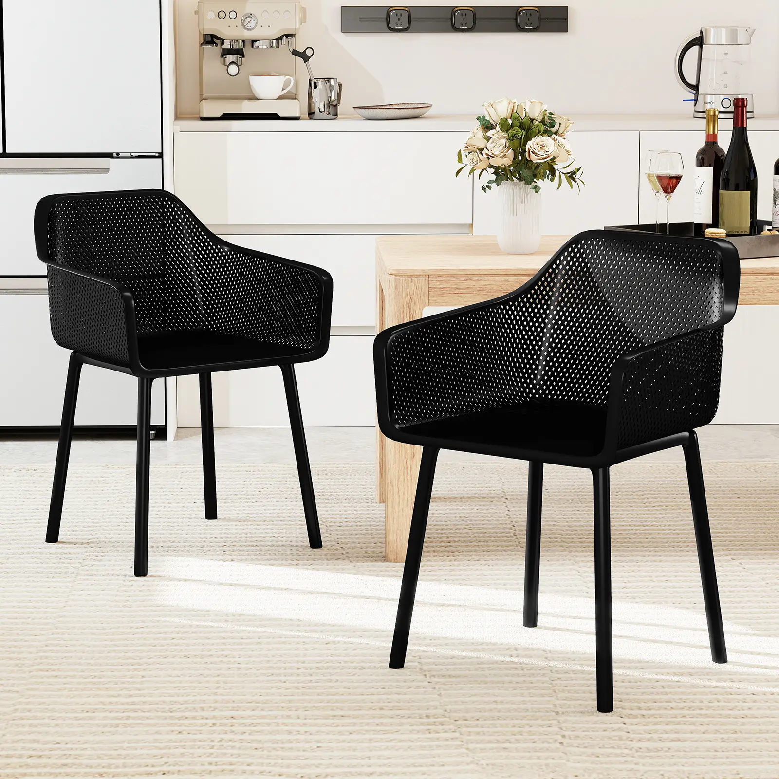 COSTWAY - Modern Plastic Dining Chairs Set of 2 Kitchen Armchairs with Breathable Mesh Backres-Black