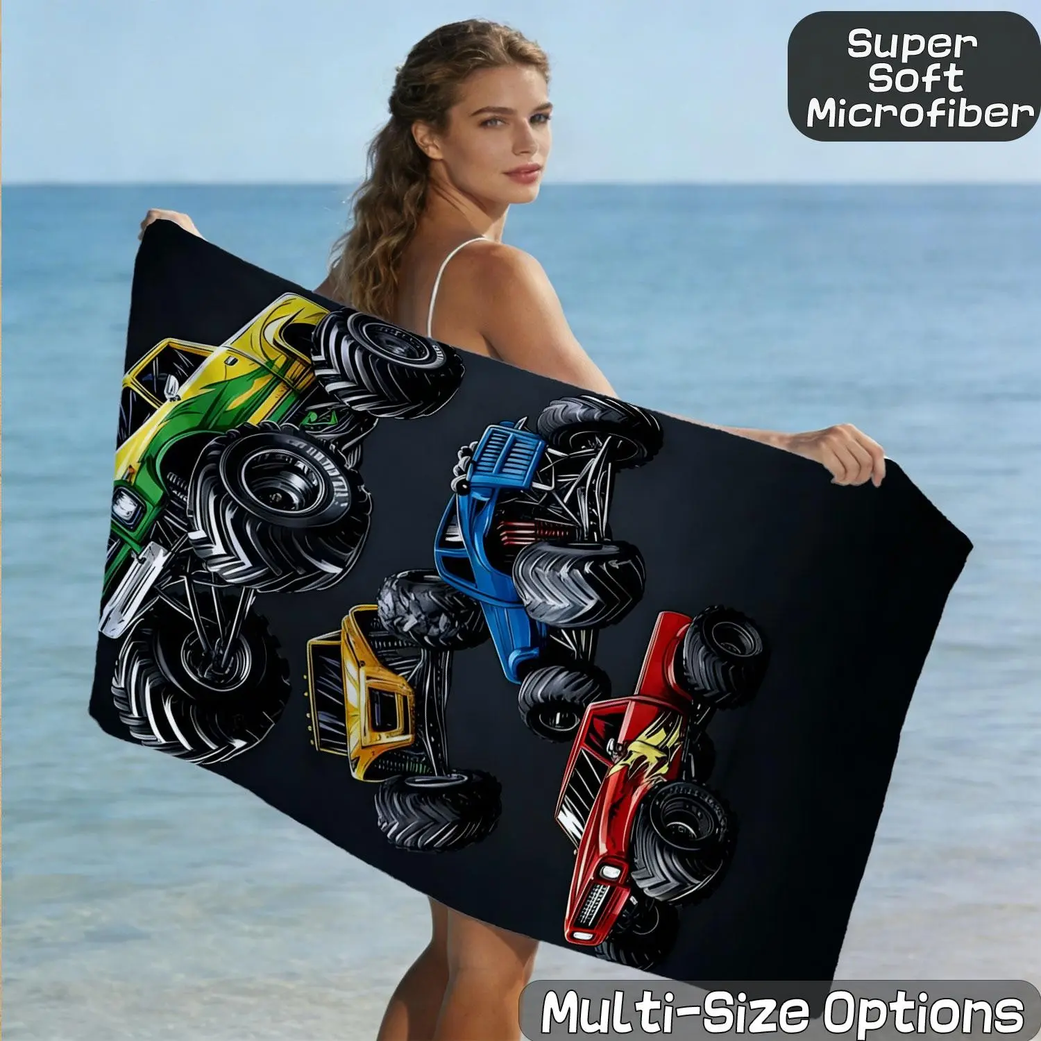 Monster Truck Print Beach Towel, Soft Absorbent Skin-Friendly, Durable Off-Road Pattern, Ideal for Car Enthusiasts, Pool Parties