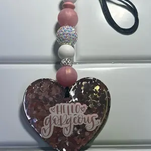 Candidly Car Charm - Hello Gorgeous 3 inch Acrylic Heart, Glittered, Resin Coated with Silicone and Acrylic Beads