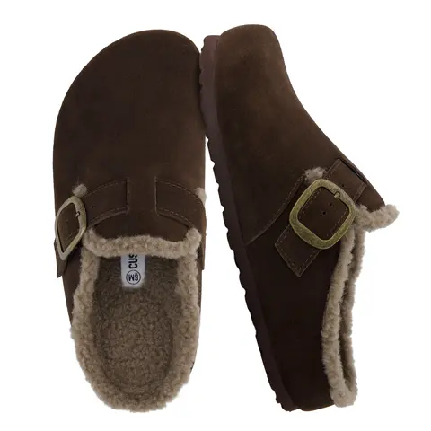 Cushionaire Haven Leather Clogs for Women | Genuine Suede Slip on Clogs with Cozy Faux Fur Lining | Classic Closed Toe Loafer Mule Design for Everyday Indoor-Outdoor Wear