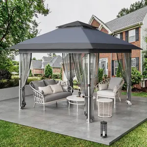 11x11FT Two-Tier Ventilated Pop Up Gazebo With Curtains & Mosquito Netting Spacious Outdoor Shelter for Backyard Parties & Patio Use