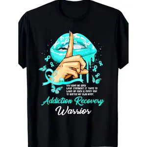 Women and Men Addiction Recovery Warrior TShirt Sobriety Gift Tee Featuring Teal Lips and Butterflies Design Black Plus Size Big and Tall Comfortable Recovery Meeting Gear