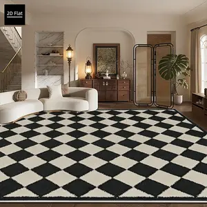 1pc Rectangular Checkerboard Geometric Pattern Rug, 850g/m² Non-Slip Backing, Velvet Material, Living Room/bedroom/foyer, Modern Minimalist Style