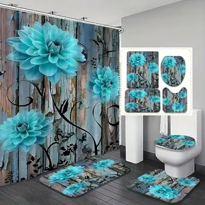 4pcs exquisite blue flower design, exquisite Floral shower curtain set, non-slip floor mat, U-shaped carpet, toilet cover, perfect for bathroom decoration, partition, beautify the space, 12 shower curtain hooks are given