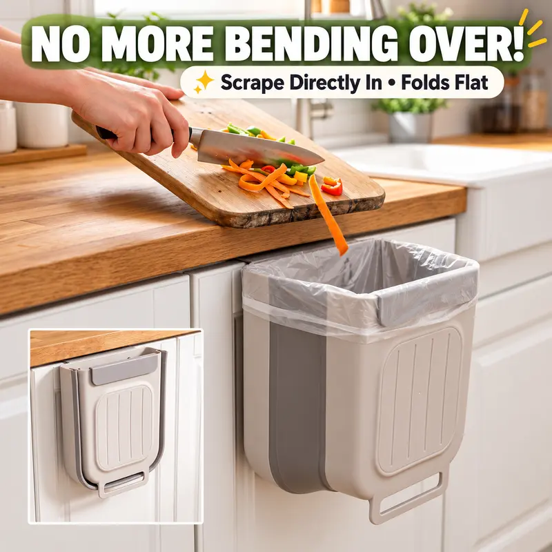 Over Cabinet Door Hanging Trash Storage Can, 6L/11L Silicone Foldable Food Prep Scrap Caddy, Space-Saving Slim Small-Space Hero for RV Kitchen, Fits 2.5cm Cabinet Doors with Fold-Flat Storage