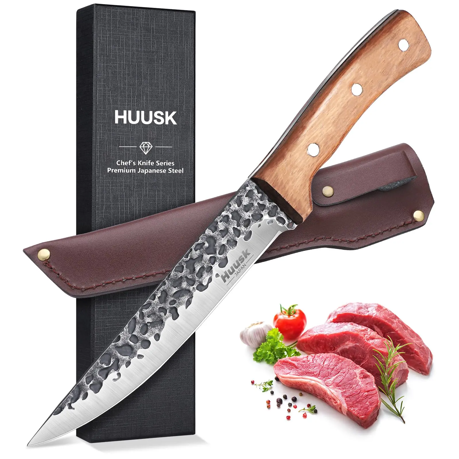 Huusk Boning Knives – Full Tang Knife for Meat Cutting & Brisket Trimming, Viking Knife with Sheath, Steel Blade Kitchen Utility Knife