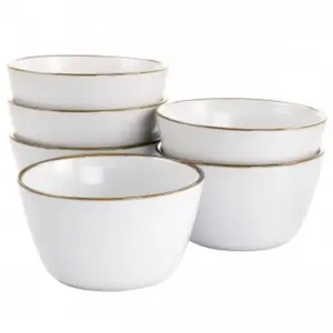 Elama ELM-ARTHUR6B Arthur Sturdy Stoneware Bowl Set, Matte White with Gold Rim - 6-Piece Tableware Set
