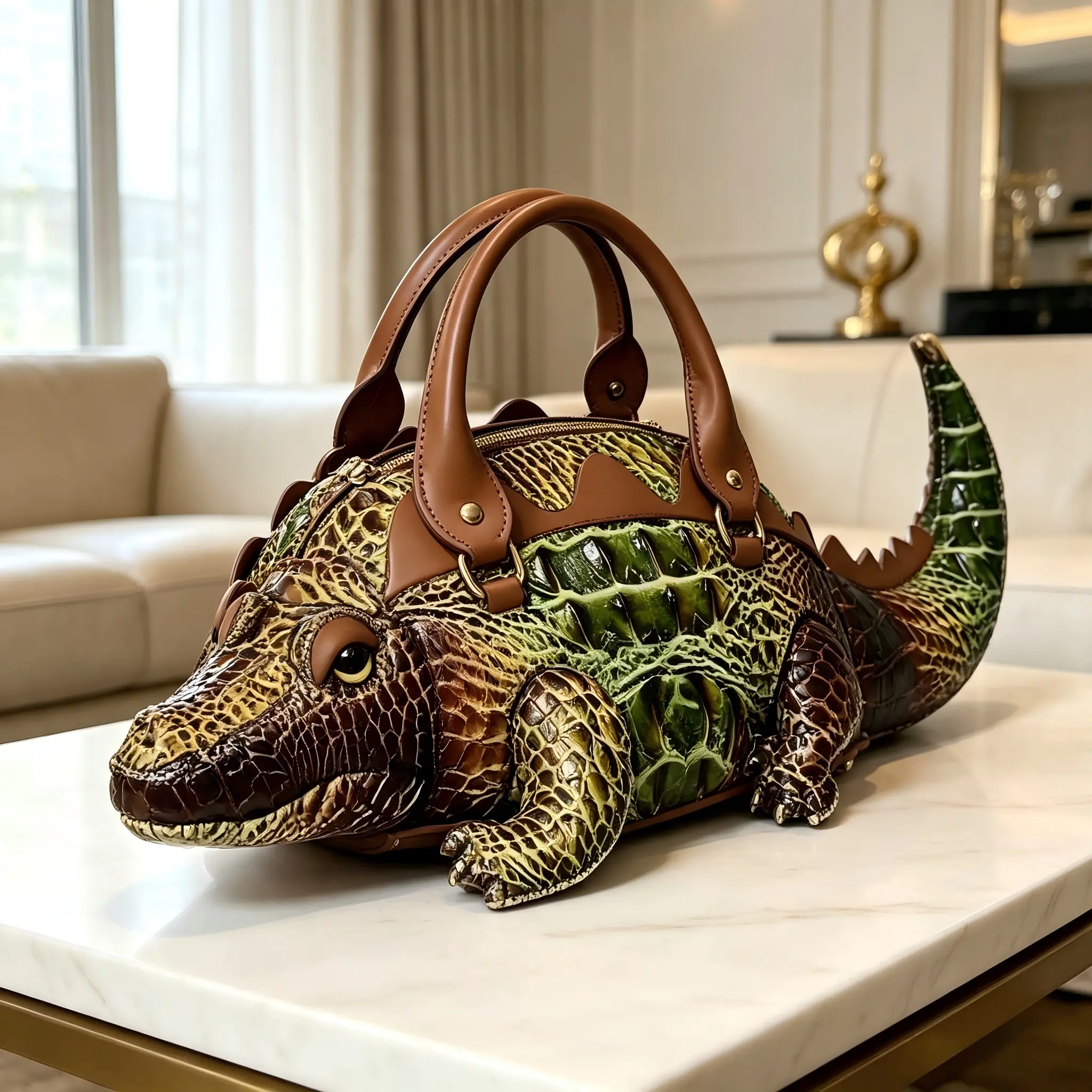 Unique women’s 3D crocodile-shaped handbag, novelty animal-design textured leather top-handle bag, fashion statement party handbag