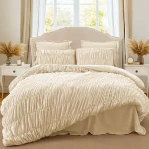 Inovaday 3 Pieces Comforter Set, Boho Fluffy Ruched Bedding Comforter Set with 2 Pillowcases, Soft Shabby Chic Ruffle Comfy Bed Set Luxury Bedding Set