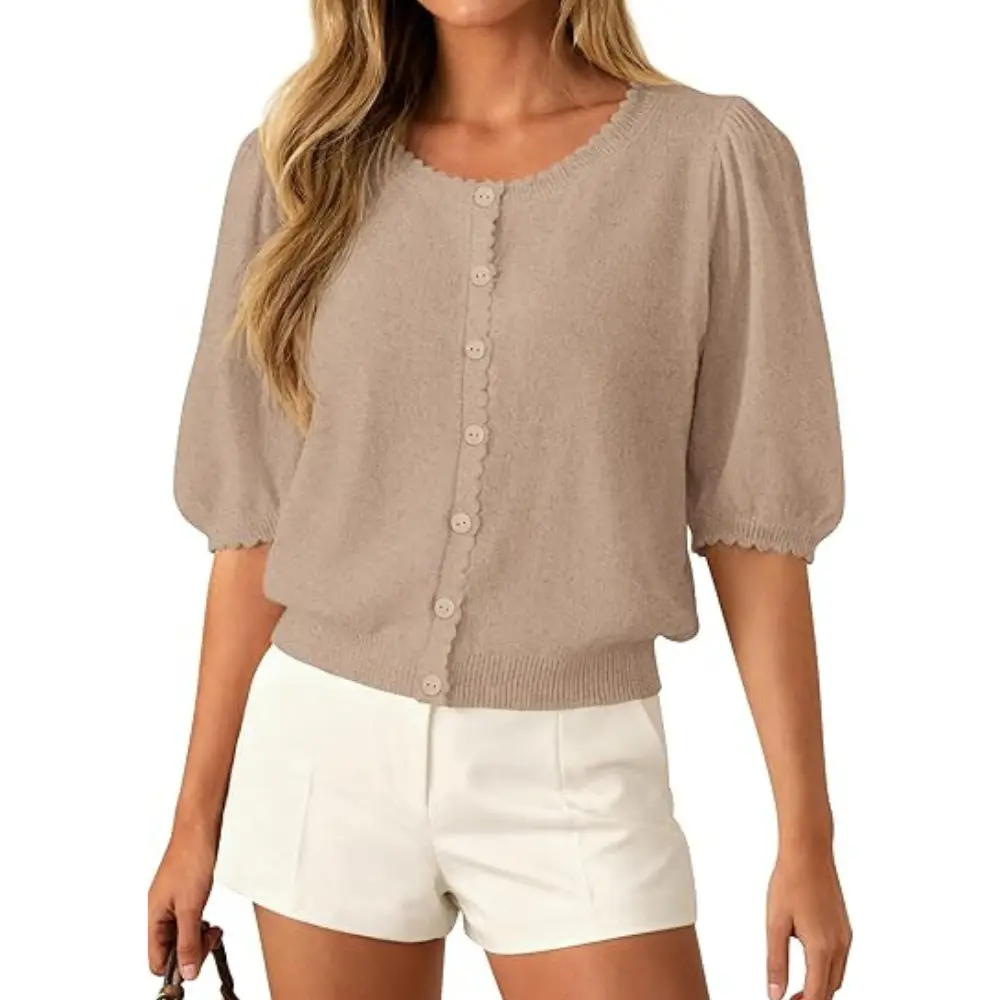 PRETTYGARDEN Puff Short Sleeve Cardigans for Women Lightweight Summer Shirts Button Up Knit Sweater Tops Spring Clothes