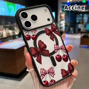 Cherry Bow Heart Pattern Magnetic Phone Case for iPhone 17 Pro Max 16 Plus 15 14 13 12 11 Air E Anti-Yellowing Shockproof Lightweight Transparent Acrylic Soft Cover Supports Wireless Charging.