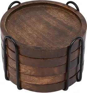 Mango Wood Coasters for Drinks with Iron Holder Stand Set of 5 for Countertop and Surfaces from Water Marks or Damage (4.5 x 4.5 x 0.5)