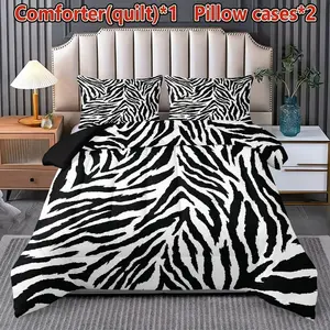 Zebra Pattern Quilt Set with Pillowcases (1 Quilt + 2 Pillows), Polyester Fiber, Soft Skin Contact Bedding, Ideal for Couples