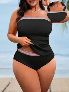Plus Size Women's Black Ruched Geometric Bandeau Swimsuit Set High-End Beach Resort Full Cup Wireless Bra 2 Piece Knitted Fabric Vacation Wear