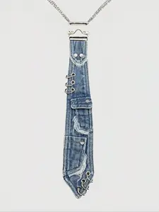 Y2K Women's Denim Bow Tie, Metal Buckle Chain Vintage Distressed Edges, Ripped Edges, Unique Punk Style Accessory for All Seasons