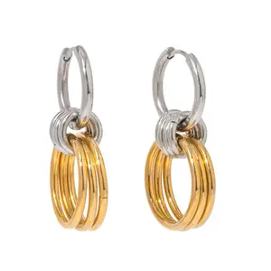 Hula Hoop Drop Stainless Steel Non Tarnish Waterproof Earrings with Gold Accents and Triple Ring Design