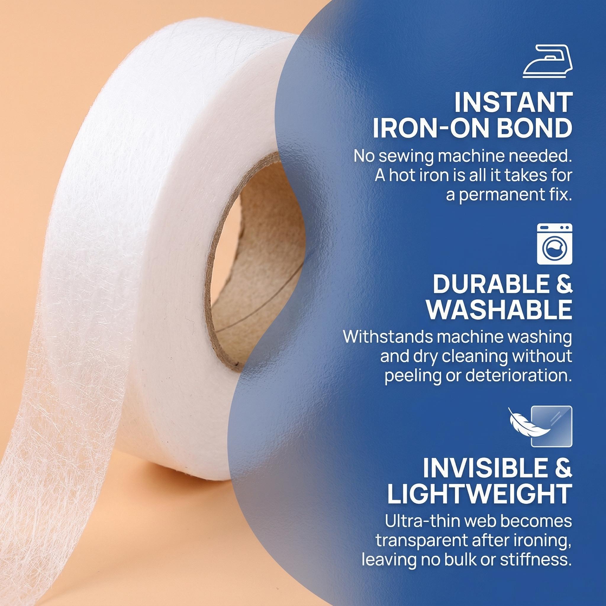 Iron-On Hem Tape, Double-Sided Fusible Bonding Web, No-Sew Fabric Adhesive Roll for Hemming Jeans, Pants, Curtains & DIY Crafts, Extra Long Length, Strong Adhesion, Easy Instant Fabric Repair & Hemming Solution