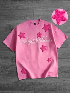 Towel embroidered pentagram short sleeved men's and women's t-shirts with cotton, summer pink short sleeved men's aesthetic geometric shirt, European and American street trendy cool fashionable casual short sleeved shirt, 2026 summer new simple t-shirt Y2
