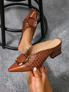 Women's Pointed Toe Metal Buckle High Heel Mules, Comfortable Slip-On Outdoor Shoes, Elegant Open-Toe Party Shoes, Office & Casual Wear, Metallic