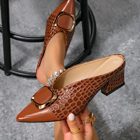 Women's Pointed Toe Metal Buckle High Heel Mules, Comfortable Slip-On Outdoor Shoes, Elegant Open-Toe Party Shoes, Office & Casual Wear, Metallic, Rubber, Peep Toe Mules, Heeled Mules