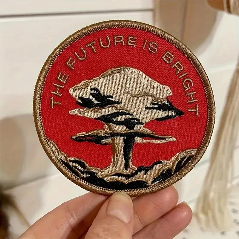 Round Embroidered Patch, 1 Count "The Future is Bright" Nuclear Design Iron-on Patch, Sewing Accessories for Clothes, DIY Clothing Accessories