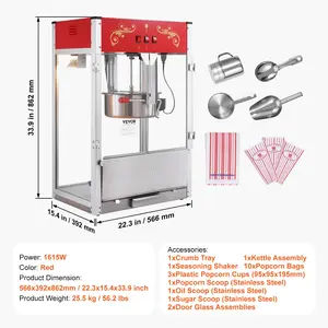 VEVOR Popcorn Maker, 1615W Popcorn Popper Machine, 16 Oz Kettle Large Capacity Countertop Popcorn Maker with Tempered Glass, Includes 3 Stainless Steel Scoops, Movie Theater Style, Red