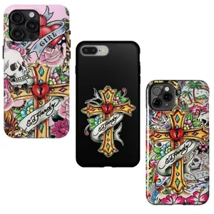 Y2k Ed Hardy Inspired Bad Girl Grunge Skull Pink Cross Phone Case, Ed Hardy for iPhone 16 15 14 13 12 11