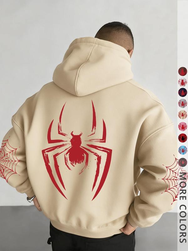 Unisex design, autumn and winter street style hooded sweatshirt with a spider pattern print, featuring cord fasteners and kangaroo pocket design. Perfect for everyday outings; comfortable fabric; stylish for the streets, versatile, trendy, suitable for ca