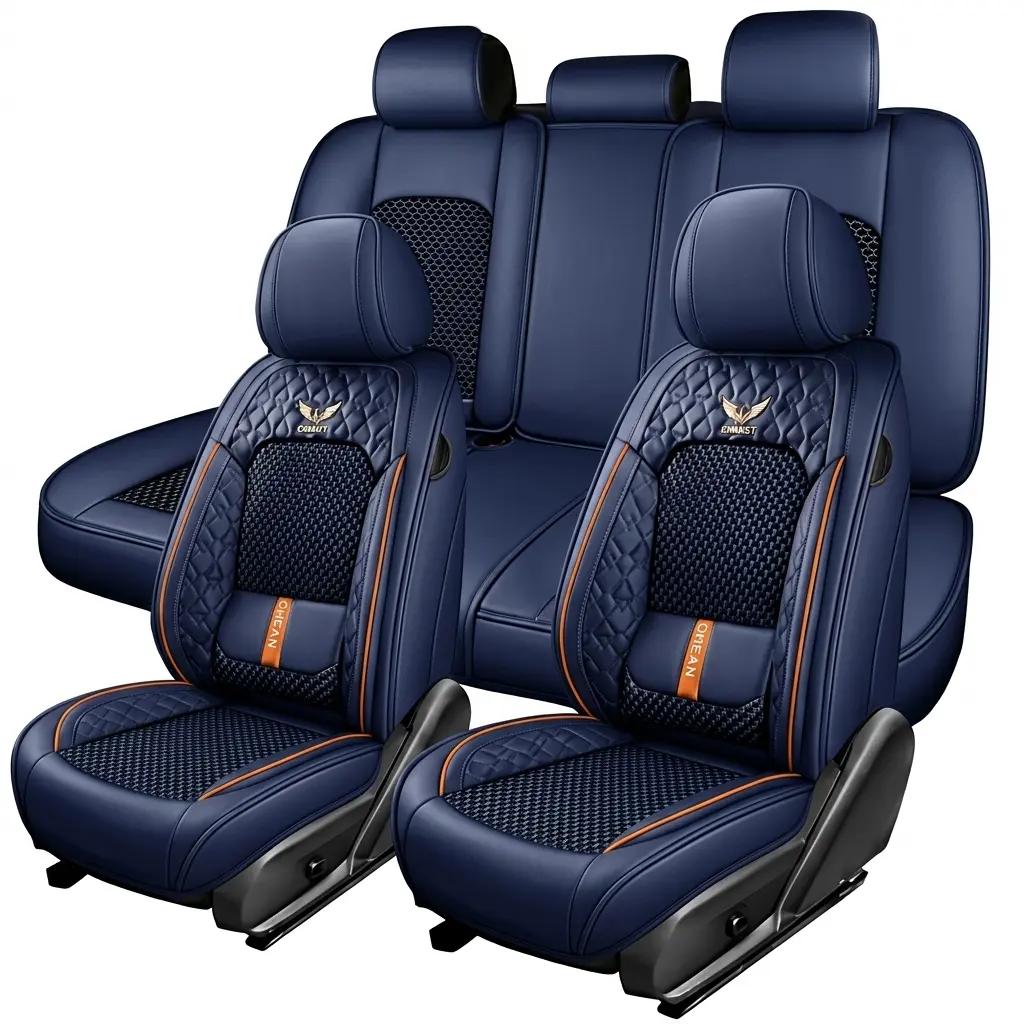 5 Seat Breathable luxury Nappa Leather + Car Seat Cover 4 Season Use Front Back Rear Cushion Full Wrapped Protector Universal Fit for 95% Cars SUV Truck, Truck Seat Covers, Car Accessories