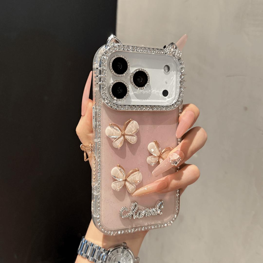 DIY Glitter Clear Phone Case with 3D Butterfly & Rhinestone Charms, Bling Cat Ear Diamond Frame Customizable Protective Cover for IP 17 PROMAX junk