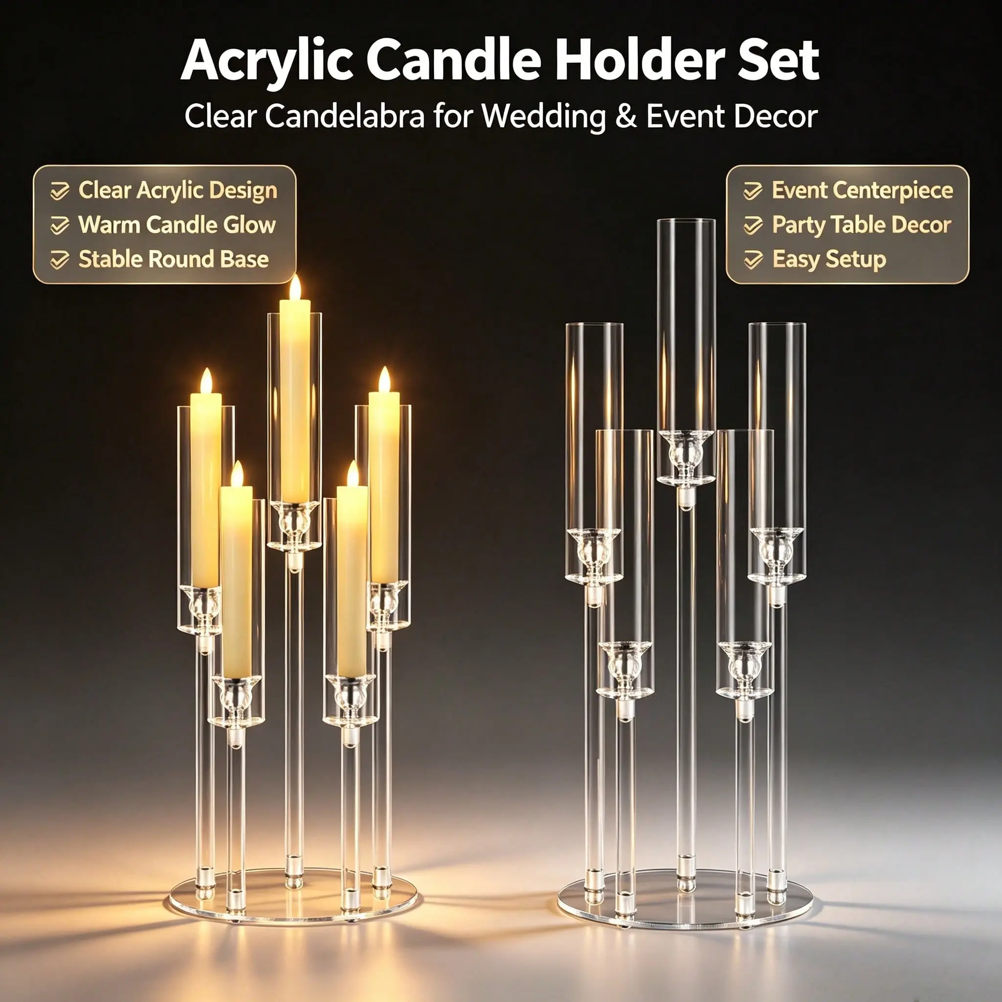 5-Arm Clear Acrylic Tall Tube Candelabra, 1/2 Pcs, Elegant Table Centerpieces for Wedding, Baptism, Independence Day, Fall Harvest, Christmas, Halloween, Ceremony, Home & Hotel Decor Gift, Candles Not Included
