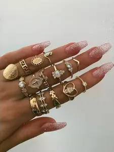 Vintage Gold Coin Cross Heart Stacking Ring Set, 15 Piece Jewelry Collection, Unique Design Rings for Women & Men, Perfect Gift Idea, Statement Multi Ring, Punk Style Ring