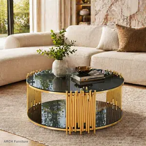 36" Diameter Modern Minimalist Light-Luxury Circular Coffee Table - Stainless Steel + Glass Construction, Black Tempered Glass Countertop, Anti-Slip Base, Easy Setup, Indoor Living Room Furniture