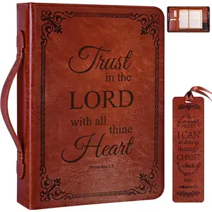 Extra Large (XL) Brown Leather Zippered Bible Cover Carrying Case with Handle, Bible Book Holder Bag for Men and Women