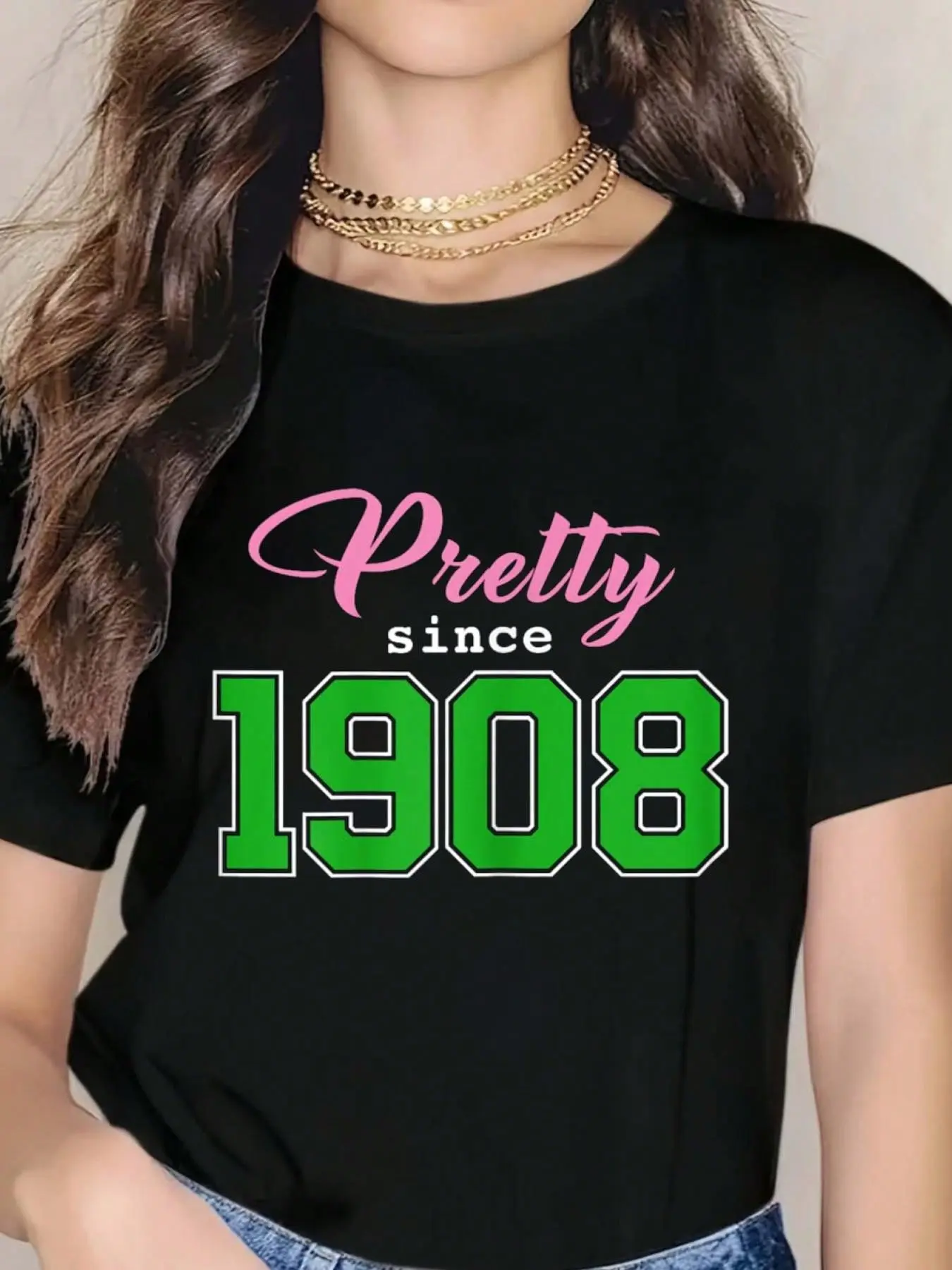 Women's Cotton Round Neck Loose-Fitting Sorority T-Shirt - 1908 Casual Short-Sleeve Top, Ideal to Pair with Jackets