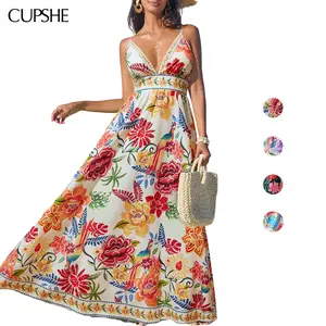 CUPSHE 【Valentine's Day】 Vibrant Oasis Tropical Maxi Dress with Square Neckline Sleeveless Floral Print Back Zip Closure Boho Beach Bohemian Outfit for Women - Yellow birthday outfit