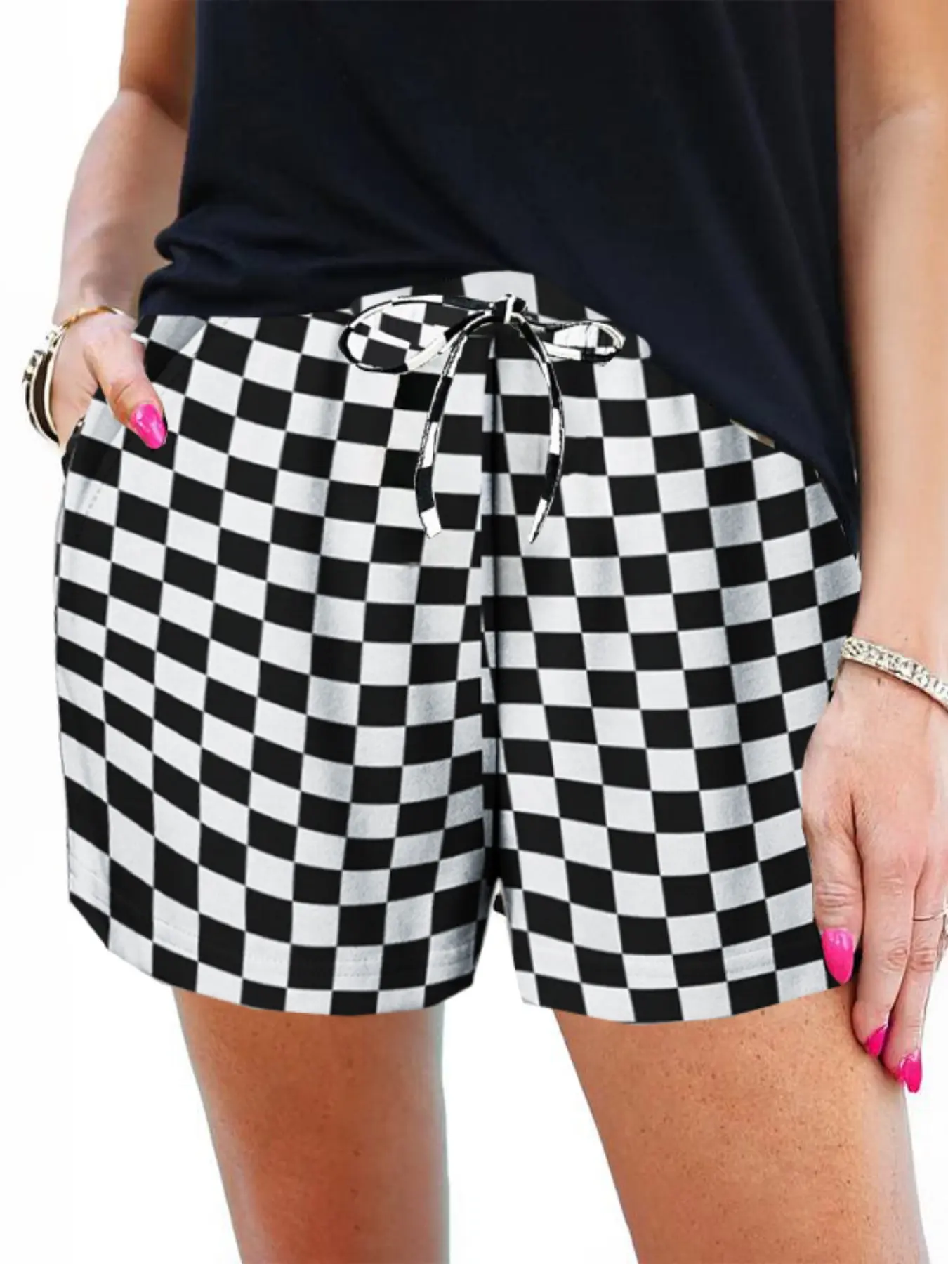 Women's Checkerboard Print Drawstring Adjustable Waist Shorts, Elastic Waist Shorts, Chic Casual Style Pocket Shorts for Summer, Loose-Fitting Summer Bottoms for Daily Wear, Casual Streetwear Shorts