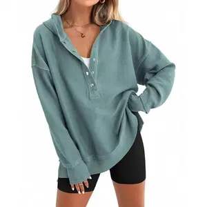 Womens Fashion Long Sleeve Hoodie Oversized Button Up V Neck Sweatshirt side slt Casual pullover Tops-Womenswear#AutumnTurnup Pieces